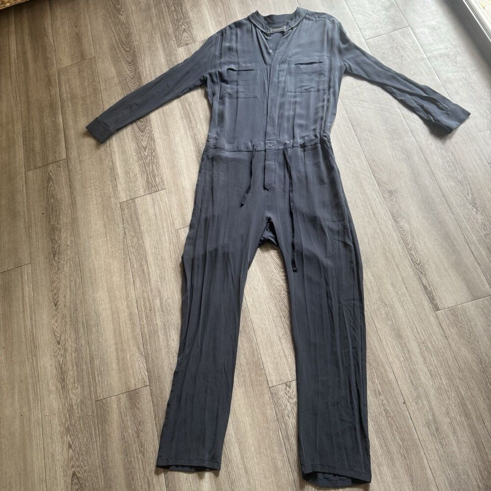 Superfine 100% Silk Made In Italy Gray Button Front Jumpsuit Sz S Quiet Luxury - Picture 10 of 16